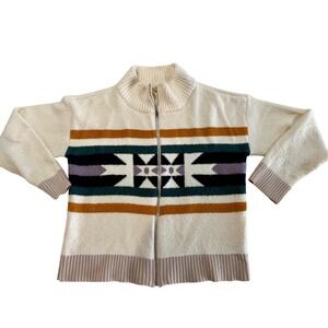 Hem & Thread Womens Southwestern Full Zip Sweater Cream Geometric Mock Neck L